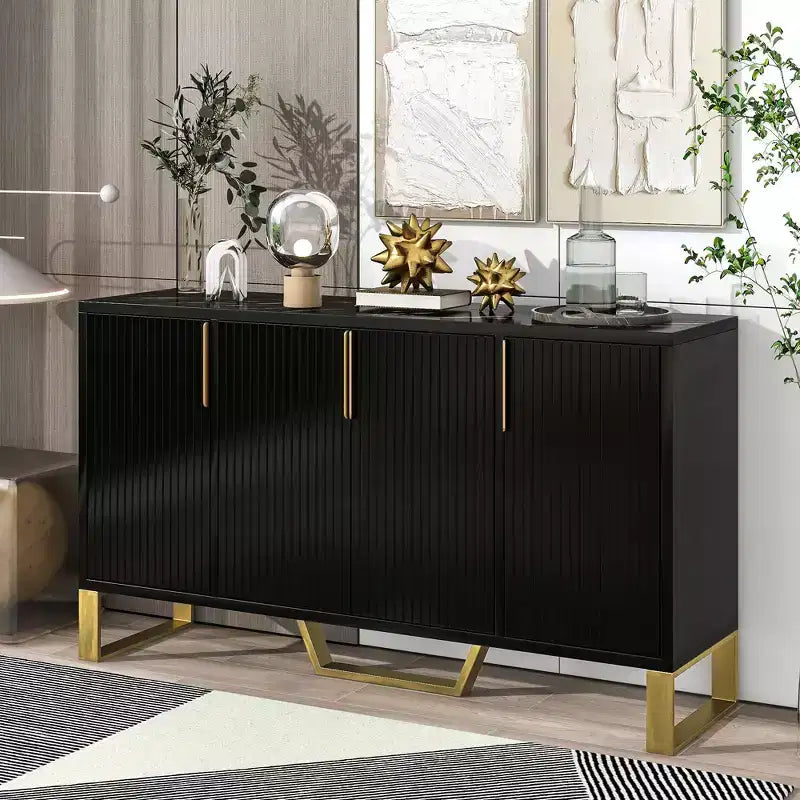 Modern sideboard with Four Doors Metal handles and Legs and Adjustable Shelves Kitchen Cabinet Black