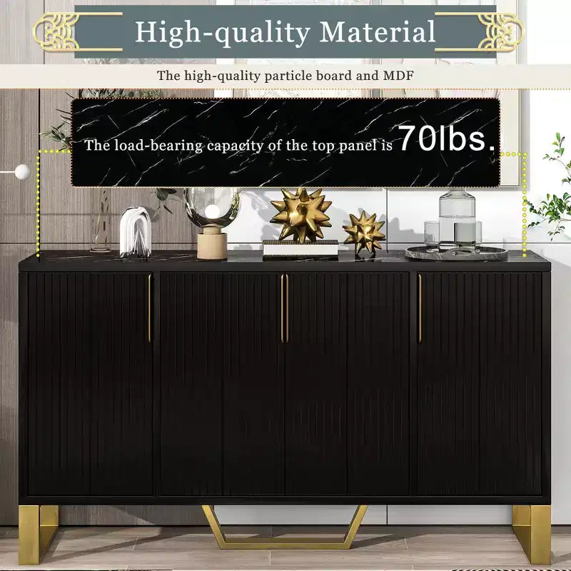 Modern Sideboard with Four Doors, Metal Handles & Adjustable Shelves, Black