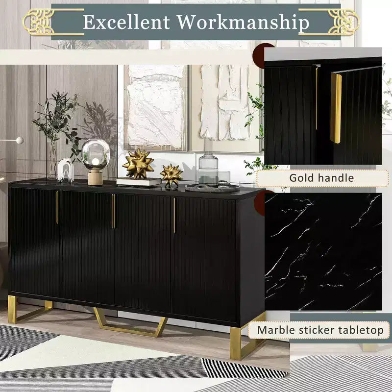 Modern Sideboard with Four Doors, Metal Handles & Adjustable Shelves, Black