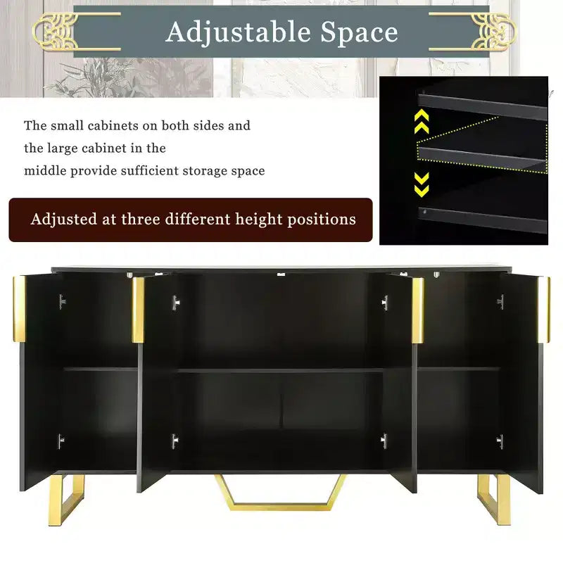 Modern Sideboard with Four Doors, Metal Handles & Adjustable Shelves, Black