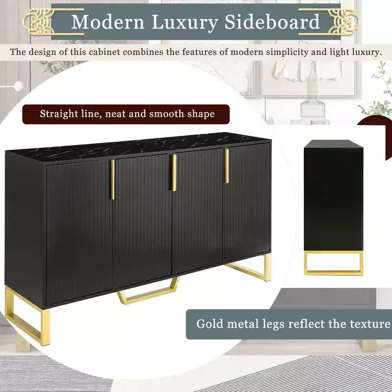 Modern Sideboard with Four Doors, Metal Handles & Adjustable Shelves, Black