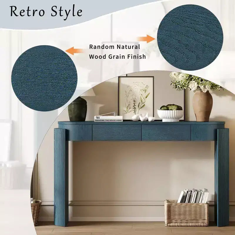 Entryway Console Table with Natural Wood Grain Finish, Oval Top & 2 Drawers