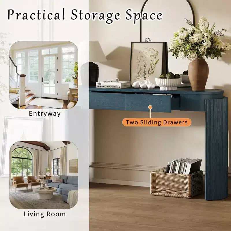 Entryway Console Table with Natural Wood Grain Finish, Oval Top & 2 Drawers
