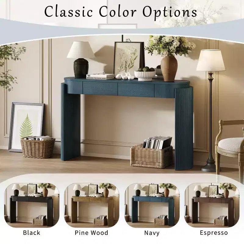 Entryway Console Table with Natural Wood Grain Finish, Oval Top & 2 Drawers