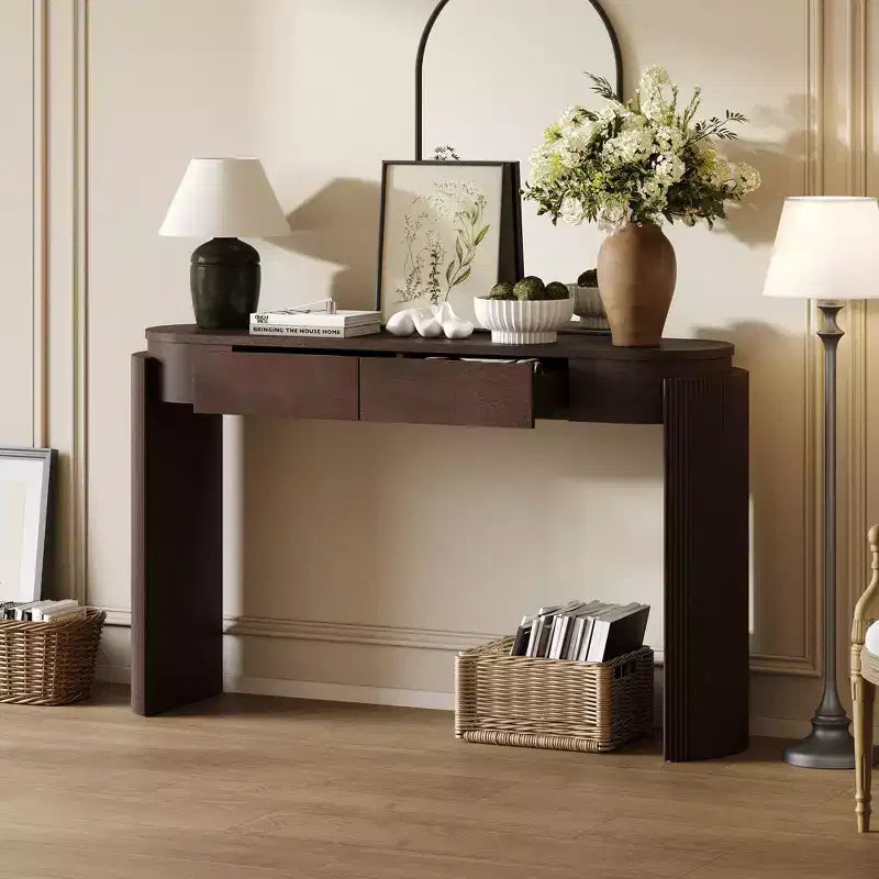 Entryway Console Table with Natural Wood Grain Finish, Oval Top & 2 Drawers