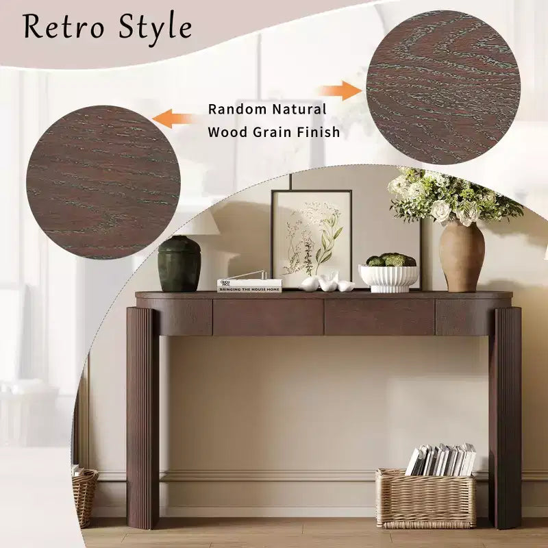 Entryway Console Table with Natural Wood Grain Finish, Oval Top & 2 Drawers