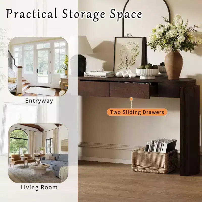 Entryway Console Table with Natural Wood Grain Finish, Oval Top & 2 Drawers