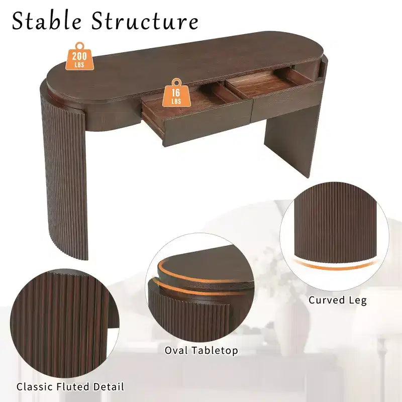 Entryway Console Table with Natural Wood Grain Finish, Oval Top & 2 Drawers