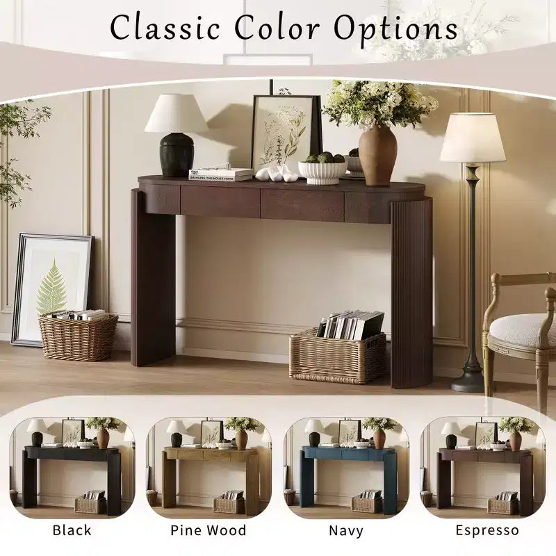 Entryway Console Table with Natural Wood Grain Finish, Oval Top & 2 Drawers