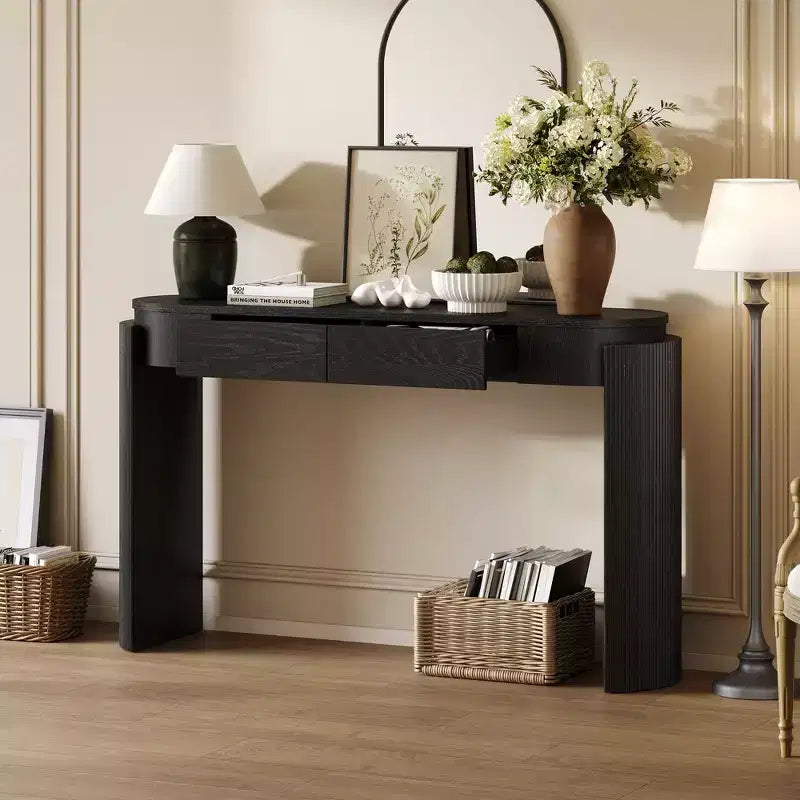 Entryway Console Table with Natural Wood Grain Finish, Oval Top & 2 Drawers