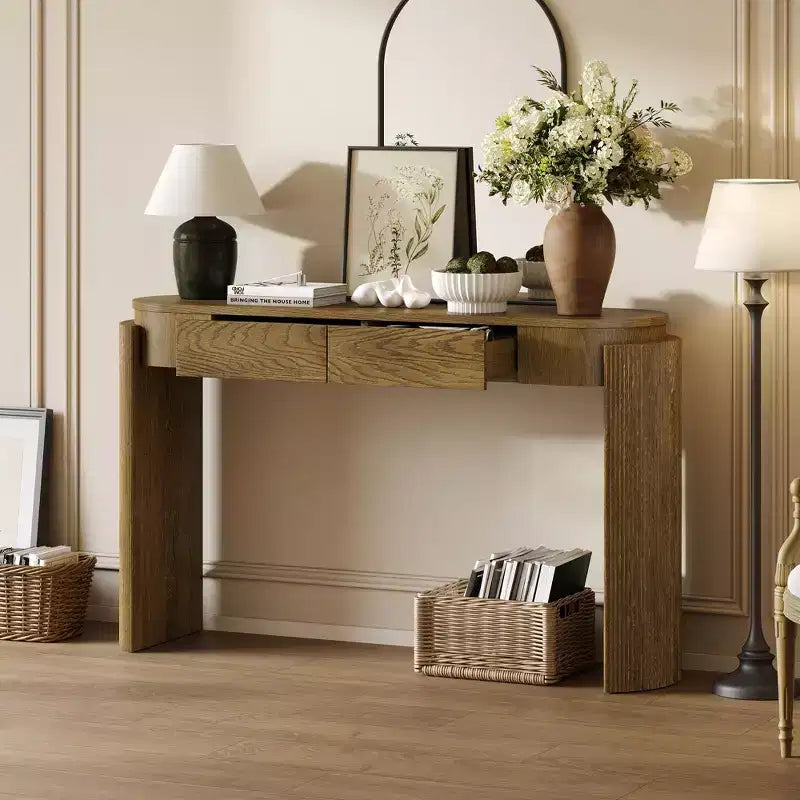Entryway Console Table with Natural Wood Grain Finish, Oval Top & 2 Drawers