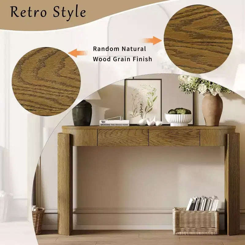 Entryway Console Table with Natural Wood Grain Finish, Oval Top & 2 Drawers