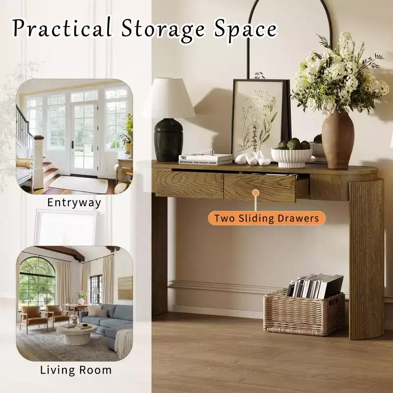 Entryway Console Table with Natural Wood Grain Finish, Oval Top & 2 Drawers