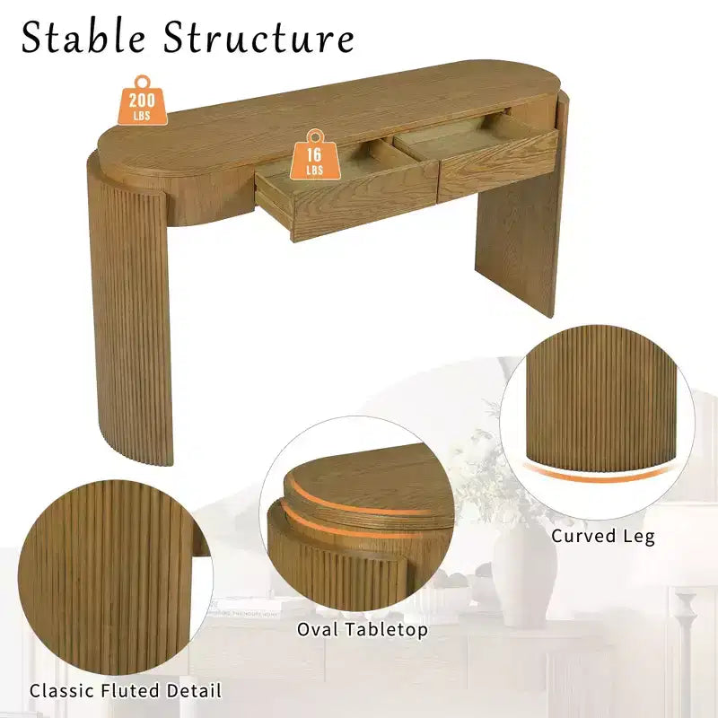Entryway Console Table with Natural Wood Grain Finish, Oval Top & 2 Drawers