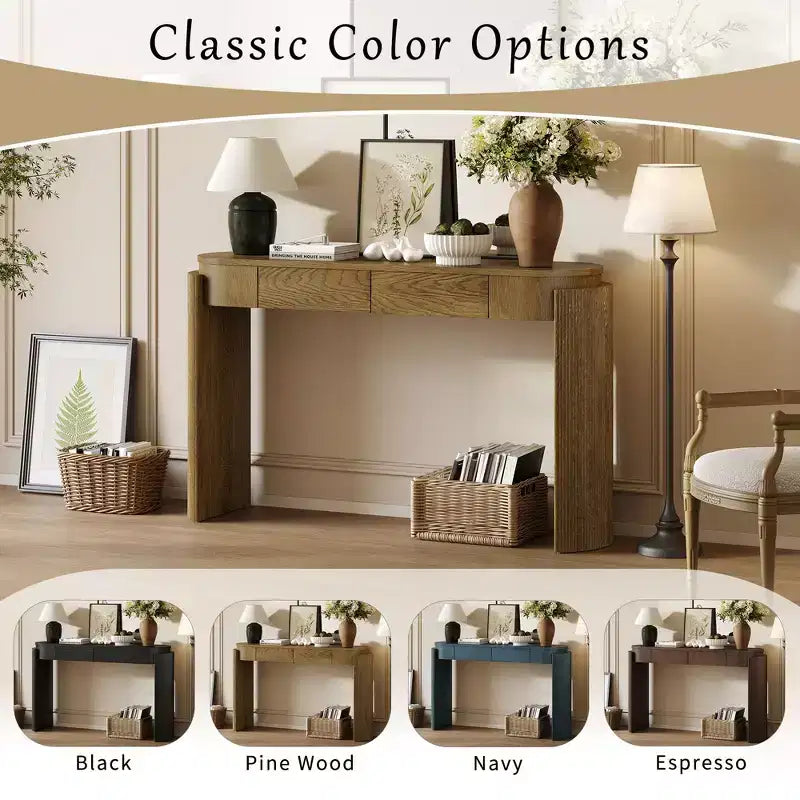 Entryway Console Table with Natural Wood Grain Finish, Oval Top & 2 Drawers