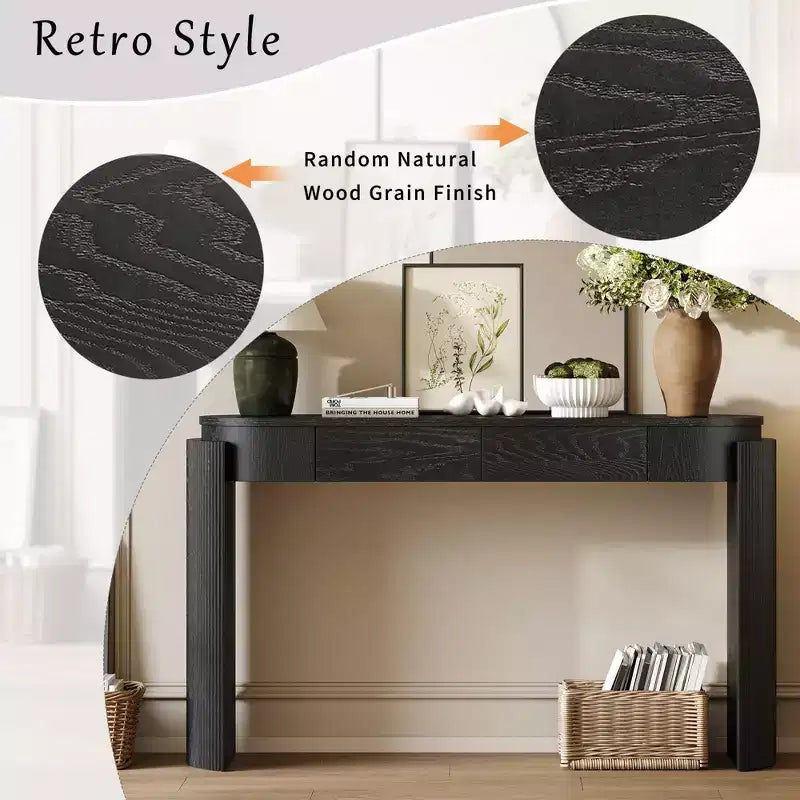 Entryway Console Table with Natural Wood Grain Finish, Oval Top & 2 Drawers