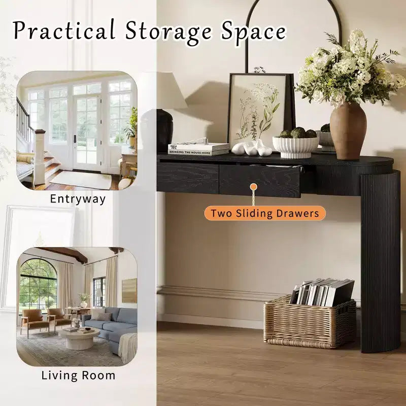 Entryway Console Table with Natural Wood Grain Finish, Oval Top & 2 Drawers