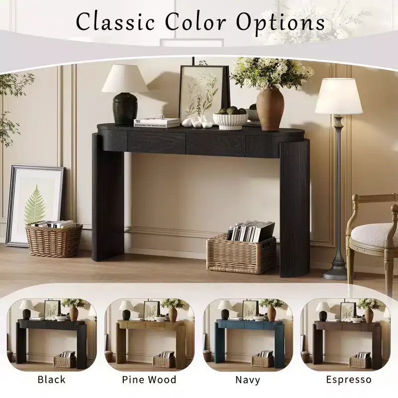 Entryway Console Table with Natural Wood Grain Finish, Oval Top & 2 Drawers