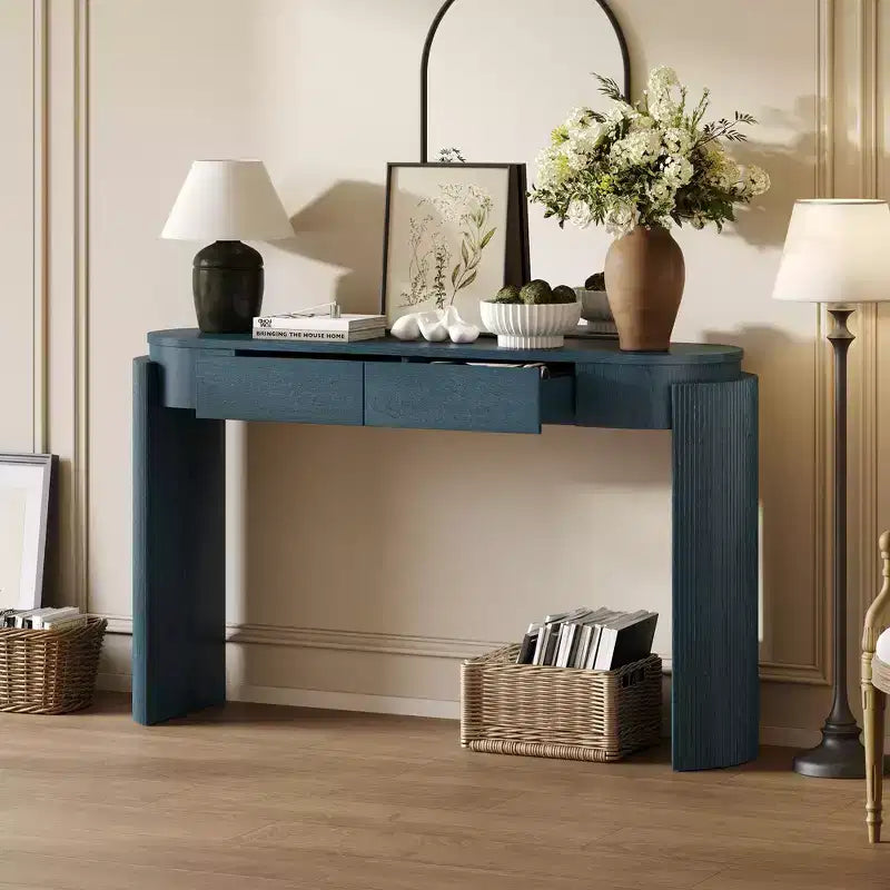 Entryway Console Table with Natural Wood Grain Finish, Oval Top & 2 Drawers