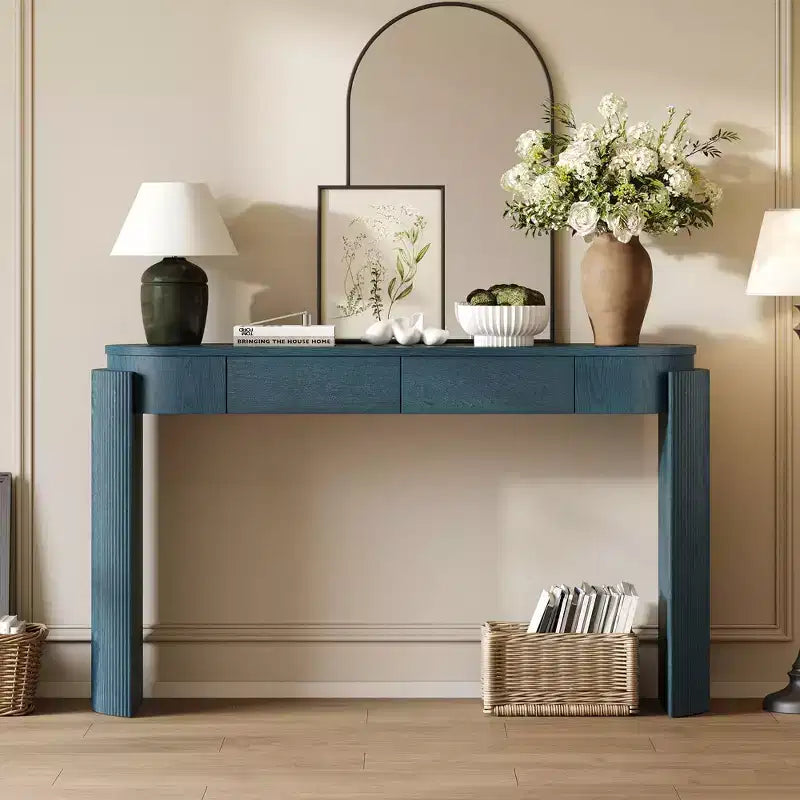 Entryway Console Table with Natural Wood Grain Finish, Oval Top & 2 Drawers