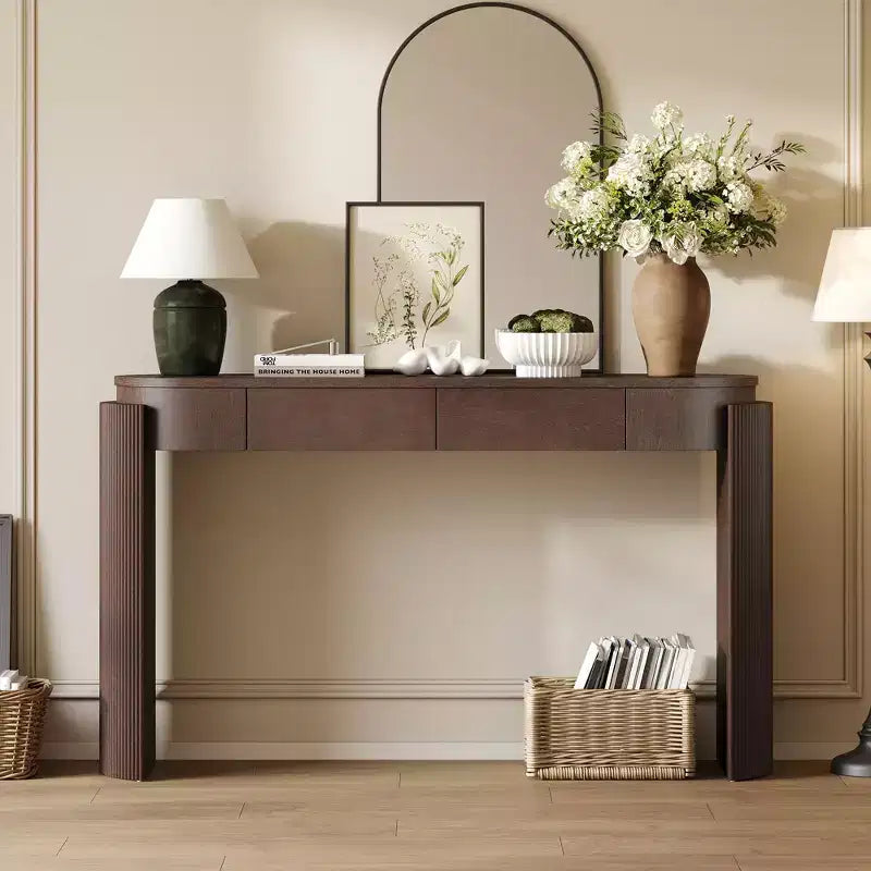 Entryway Console Table with Natural Wood Grain Finish, Oval Top & 2 Drawers