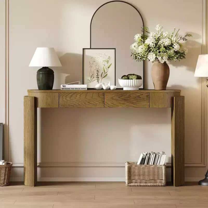 Entryway Console Table with Natural Wood Grain Finish, Oval Top & 2 Drawers