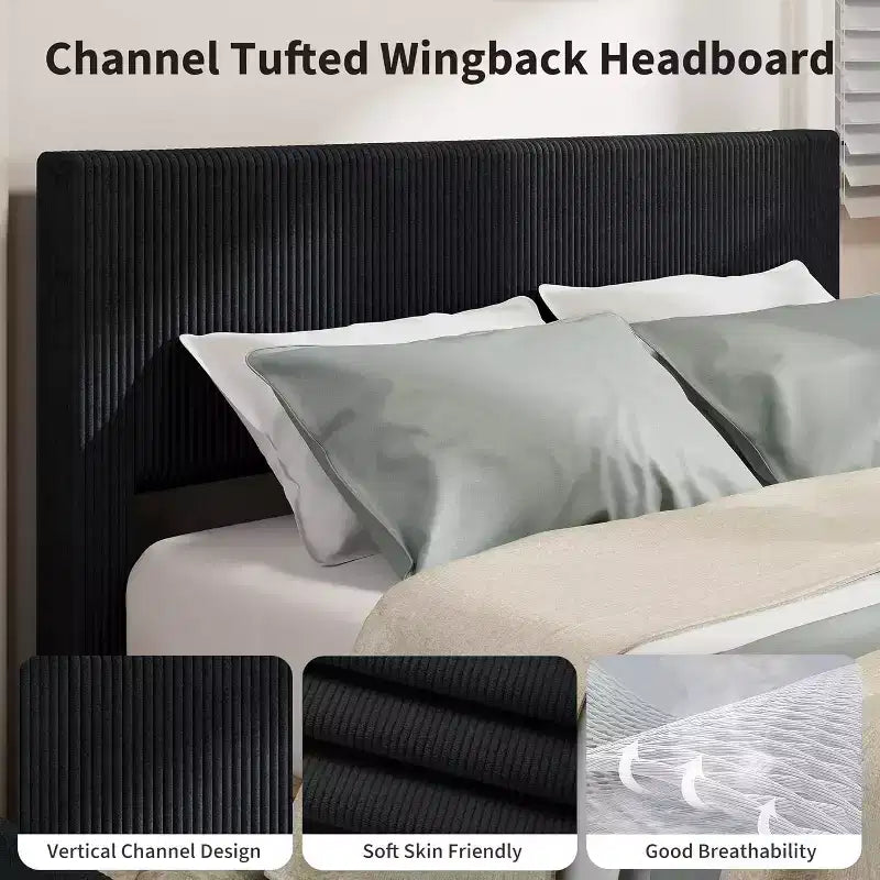 Platform Bed Frame with Tufted Wingback Headboard, Corduroy Upholstered, 4 Storage Drawers, Wooden Slats