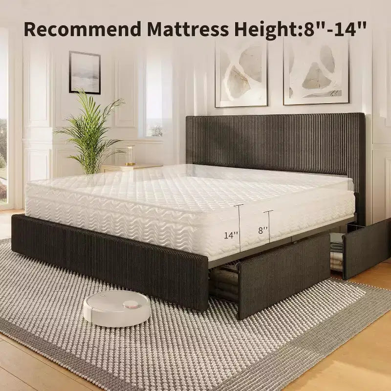 Platform Bed Frame with Tufted Wingback Headboard, Corduroy Upholstered, 4 Storage Drawers, Wooden Slats