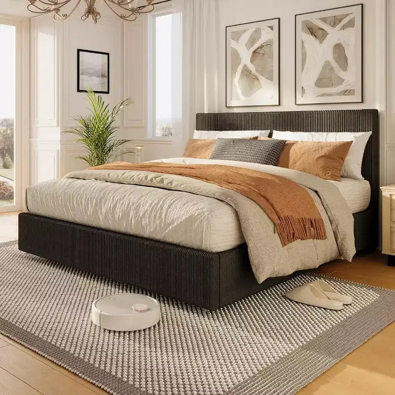Platform Bed Frame with Tufted Wingback Headboard, Corduroy Upholstered, 4 Storage Drawers, Wooden Slats