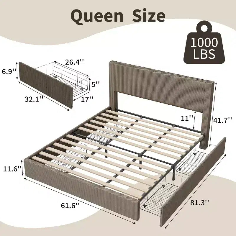 Platform Bed Frame with Tufted Wingback Headboard, Corduroy Upholstered, 4 Storage Drawers, Wooden Slats