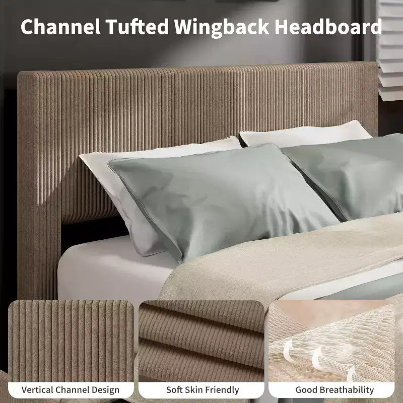 Platform Bed Frame with Tufted Wingback Headboard, Corduroy Upholstered, 4 Storage Drawers, Wooden Slats