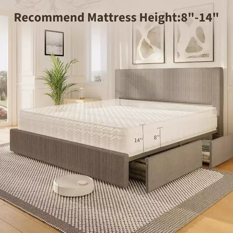 Platform Bed Frame with Tufted Wingback Headboard, Corduroy Upholstered, 4 Storage Drawers, Wooden Slats