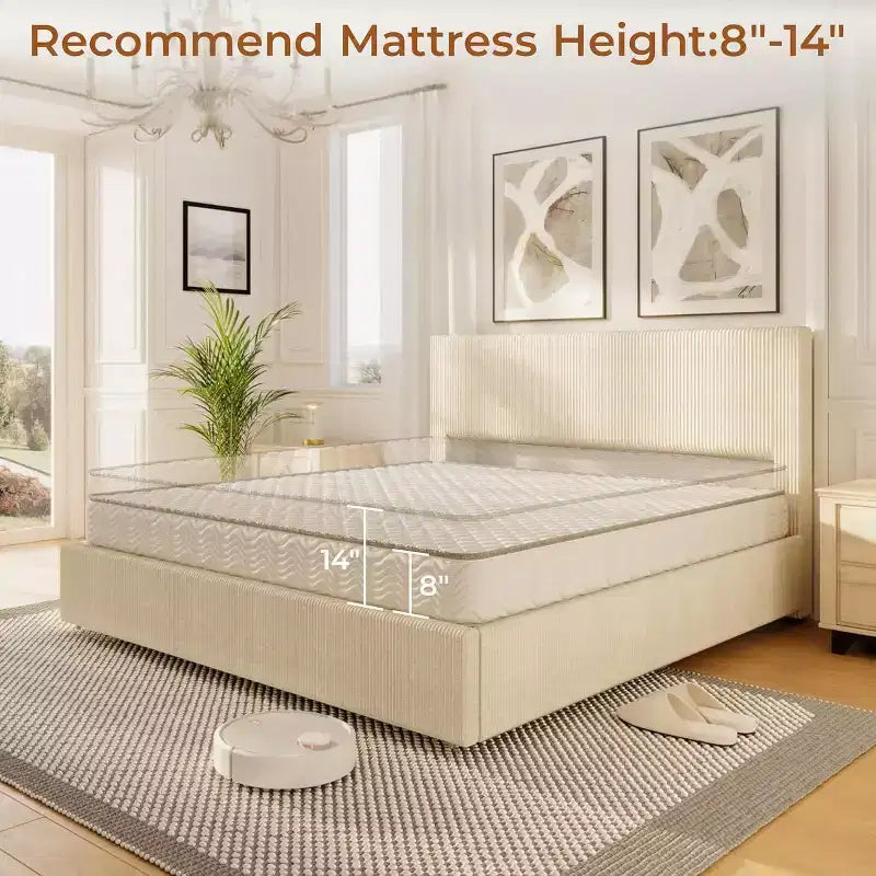 Platform Bed Frame with Tufted Wingback Headboard, Corduroy Upholstered, 4 Storage Drawers, Wooden Slats