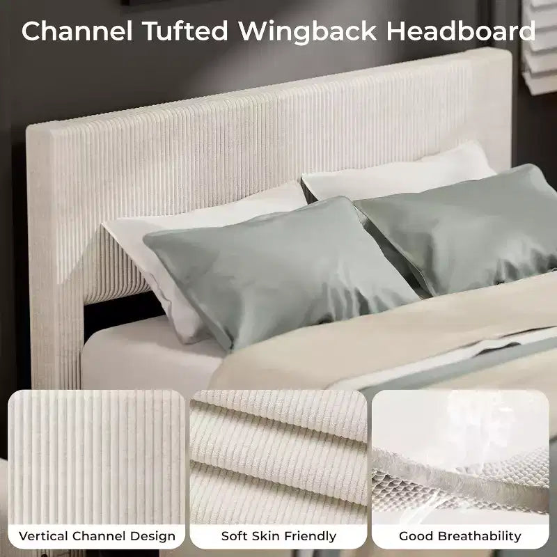 Platform Bed Frame with Tufted Wingback Headboard, Corduroy Upholstered, 4 Storage Drawers, Wooden Slats