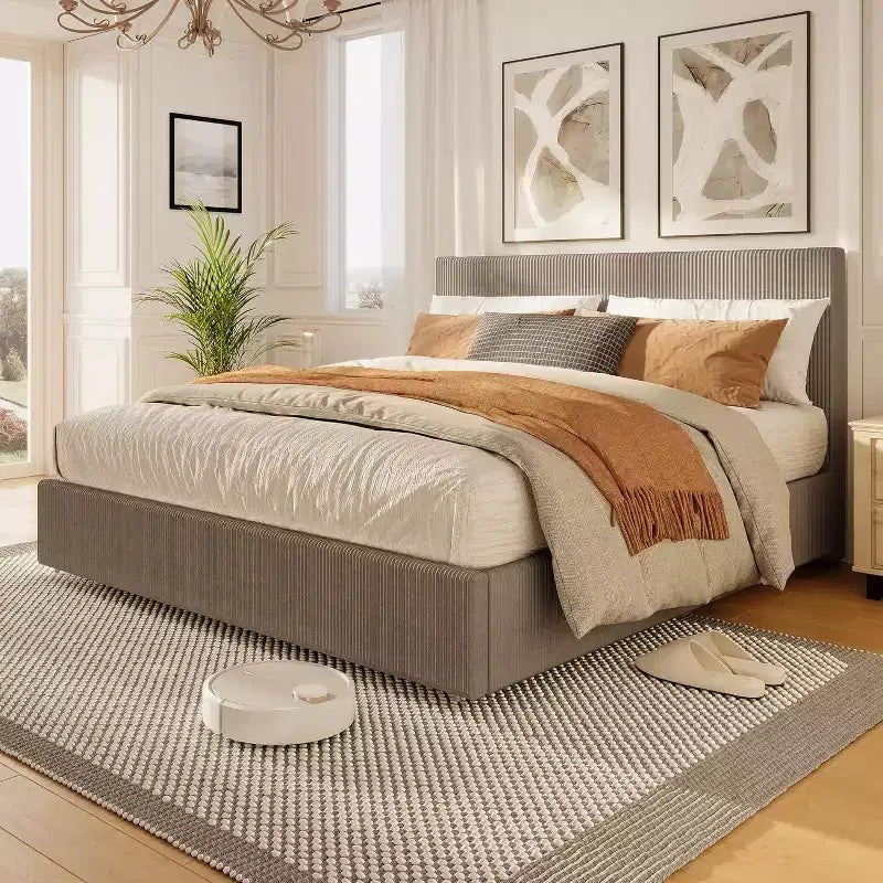 Platform Bed Frame with Tufted Wingback Headboard, Corduroy Upholstered, 4 Storage Drawers, Wooden Slats