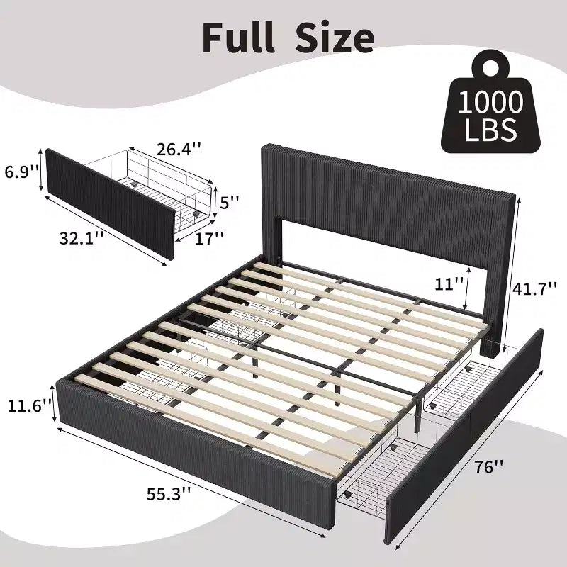 Platform Bed Frame with Tufted Wingback Headboard, Corduroy Upholstered, 4 Storage Drawers, Wooden Slats