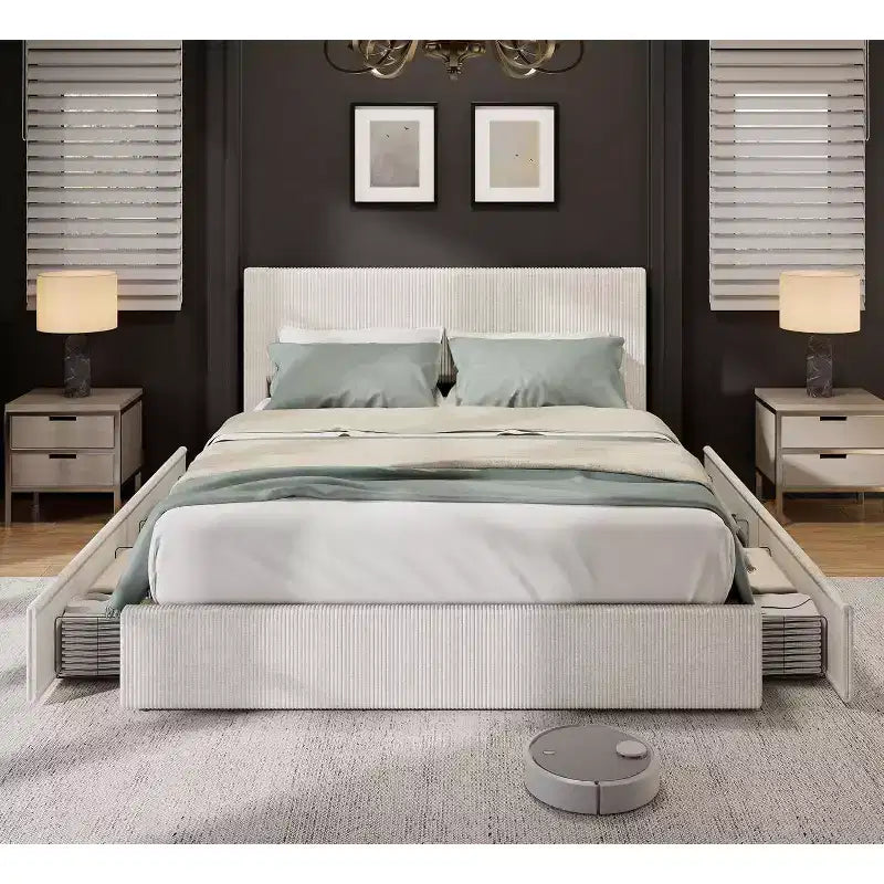 Full/ Queen/King Size Platform Bed Frame with Tufted Wingback Headboard, Corduroy Upholstered, 4 Storage Drawers, Wooden Slats, No Box Spring Needed