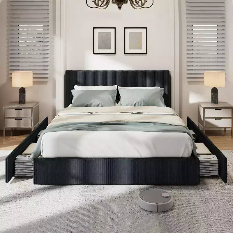 Platform Bed Frame with Tufted Wingback Headboard, Corduroy Upholstered, 4 Storage Drawers, Wooden Slats