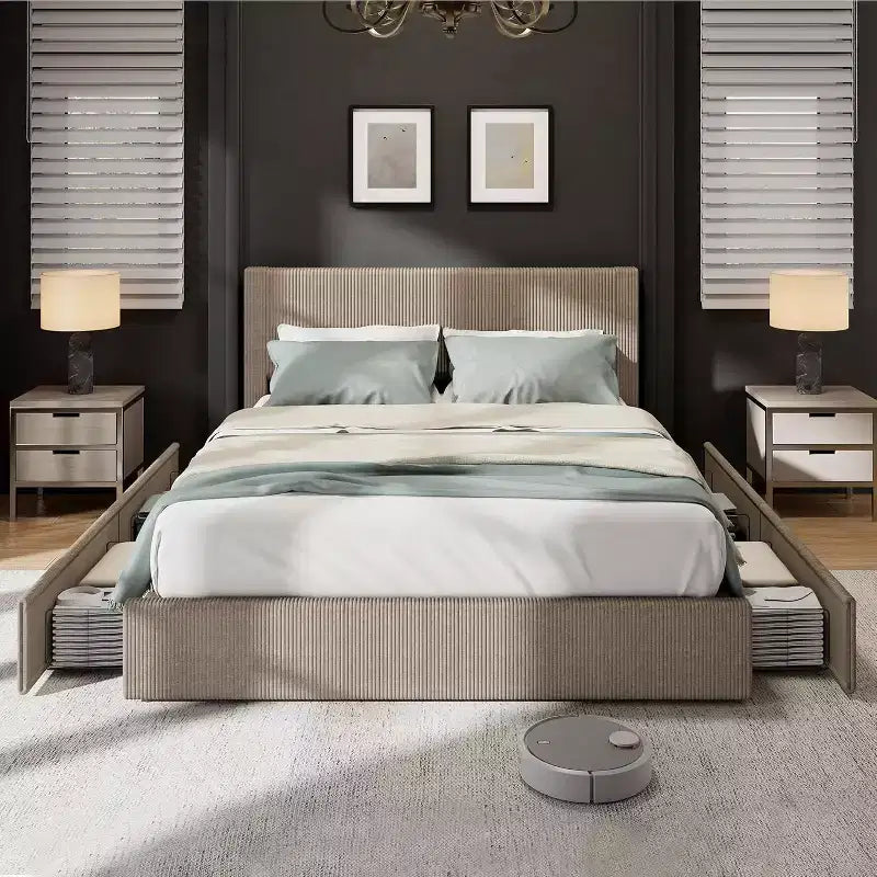Platform Bed Frame with Tufted Wingback Headboard, Corduroy Upholstered, 4 Storage Drawers, Wooden Slats