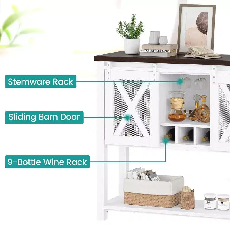 Farmhouse Coffee Bar Cabinet with Sliding Barn Doors, Wine Racks & Open Storage Shelf