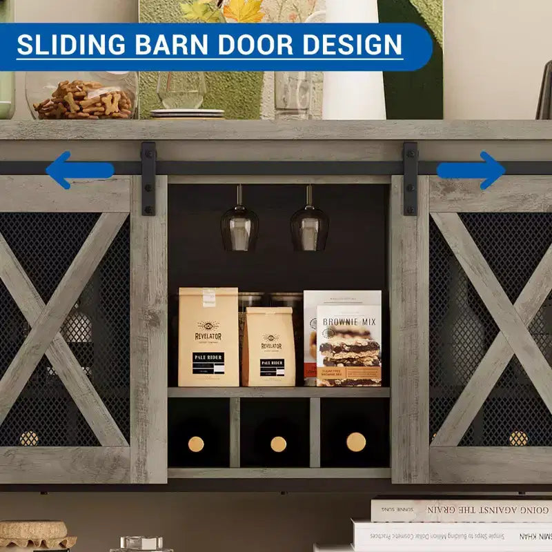 Farmhouse Coffee Bar Cabinet with Sliding Barn Doors, Wine Racks & Open Storage Shelf