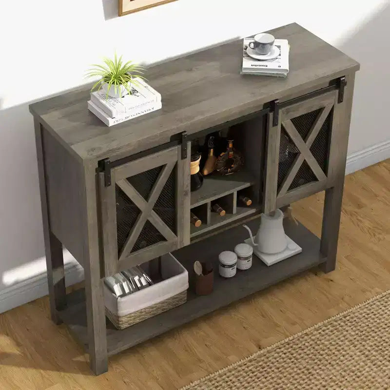 Farmhouse Coffee Bar Cabinet with Sliding Barn Doors, Wine Racks & Open Storage Shelf