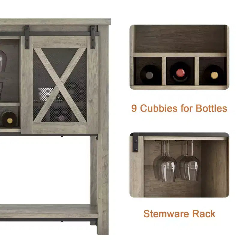 Farmhouse Coffee Bar Cabinet with Sliding Barn Doors, Wine Racks & Open Storage Shelf
