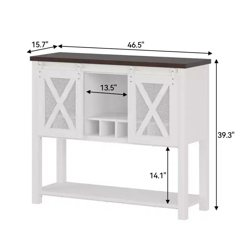 Farmhouse Coffee Bar Cabinet with Sliding Barn Doors, Wine Racks & Open Storage Shelf