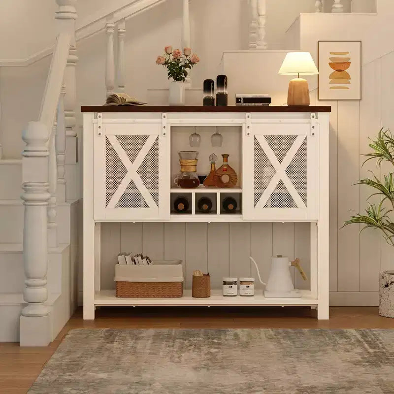 Farmhouse Coffee Bar Cabinet with Sliding Barn Doors, Wine Racks & Open Storage Shelf