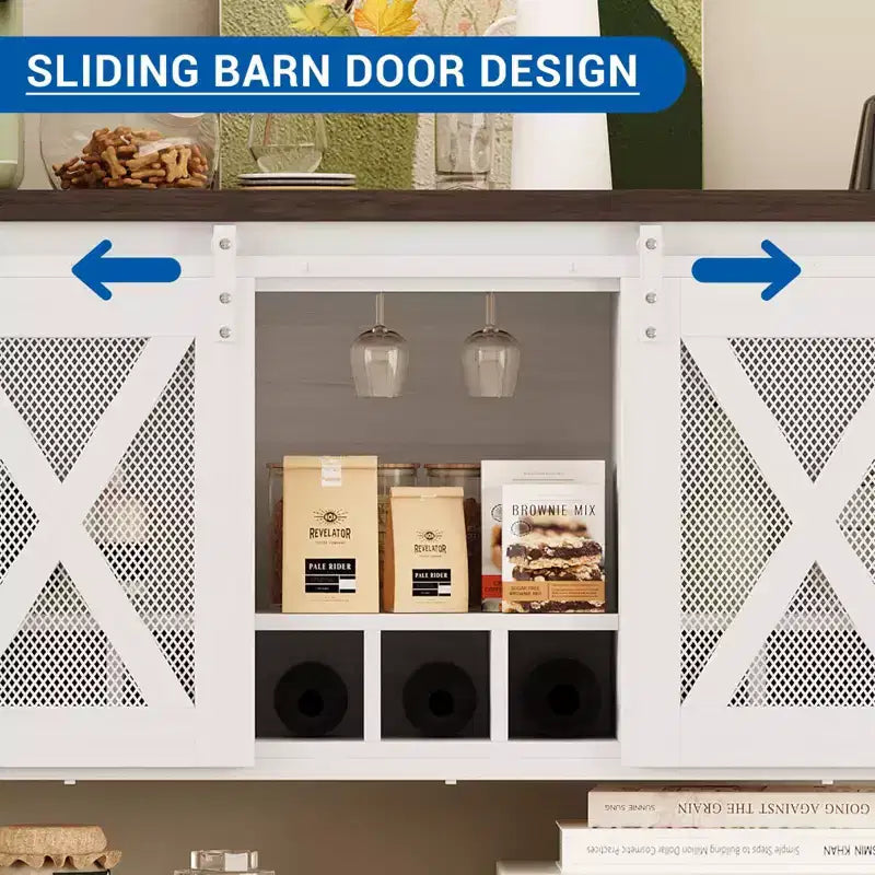 Farmhouse Coffee Bar Cabinet with Sliding Barn Doors, Wine Racks & Open Storage Shelf