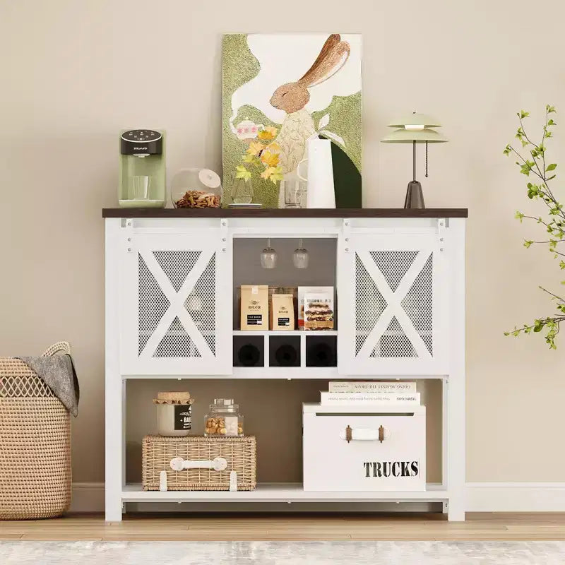 Farmhouse Coffee Bar Cabinet with Sliding Barn Doors, Wine Racks & Open Storage Shelf