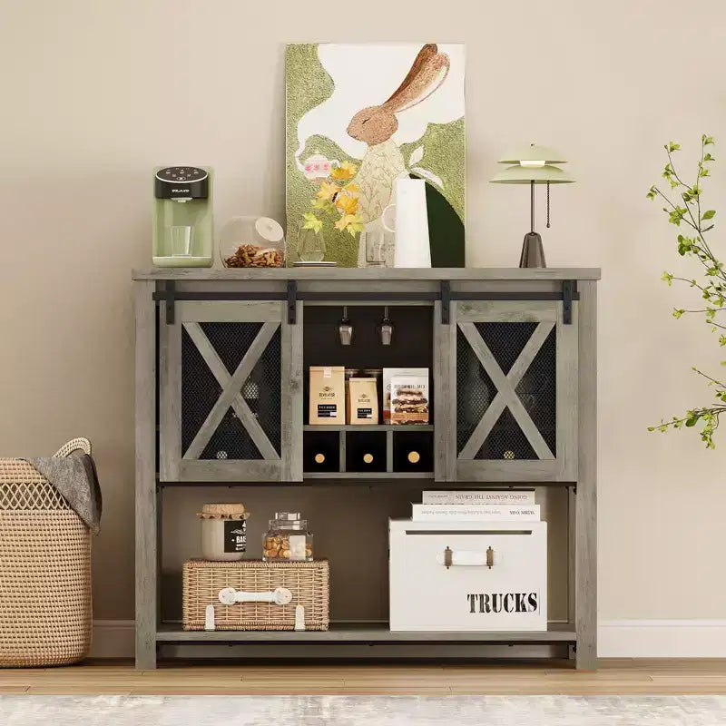 Coffee Bar Cabinet, Farmhouse Sideboard Buffet Cabinet with Sliding Barn Doors, Wine Racks, Open Storage Shelf