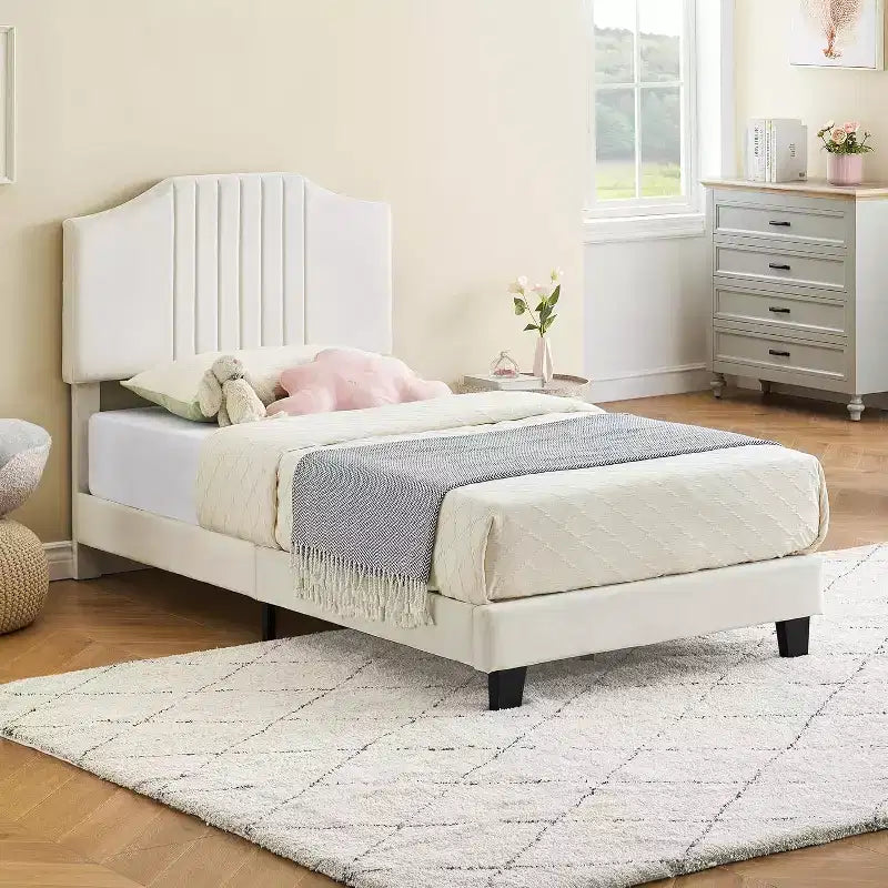 DobleePy Twin Plus Size Beige Kids Bed, Sturdy Velvet Headboard, Oak Wood Slats, Squeak Resistant, No Box Spring Needed, Easy Assembly