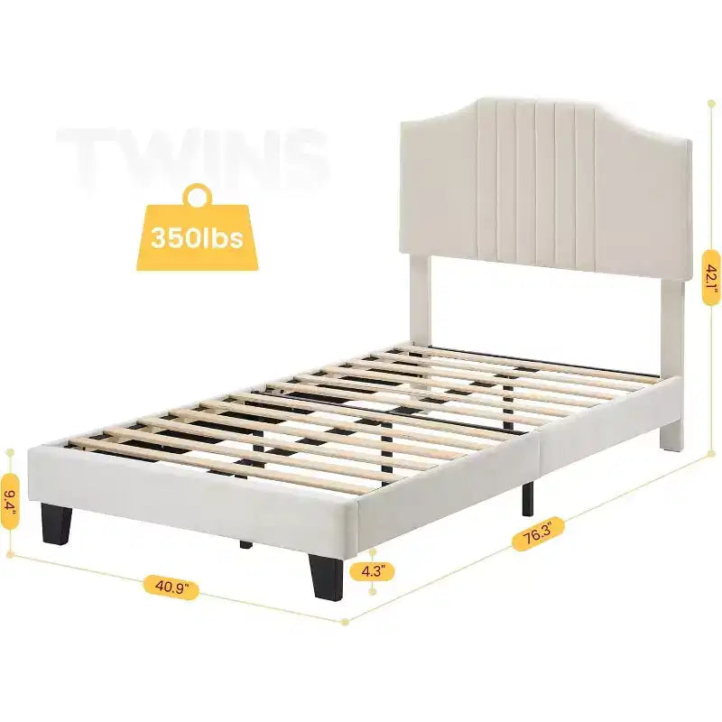 Twin Plus Size Beige Kids Bed, Sturdy Velvet Headboard, Oak Wood Slats, Squeak Resistant, No Box Spring Needed, Easy Assembly